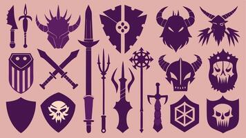 Flat Icons Silhouettes of Mythical Weapons Including Enchanted Swords, Shields, and Staffs vector