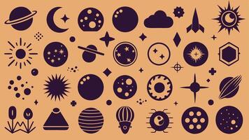 Flat icons depicting celestial events such as eclipses, auroras, meteors, and moon phases vector