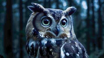Majestic owl perched in forest during twilight, showcasing large, expressive eyes and intricate feather patterns while surrounded by soft shadows and distant trees photo