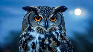 Captivating owl gazes under a moonlit sky in a tranquil natural setting, showcasing its striking features and vivid colors during dusk photo