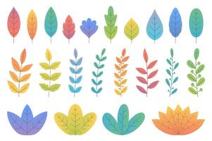 Colorful gradient leaves and trees, bushes and branches, white background vector