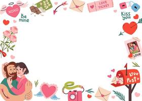 Happy Valentine's Day frame. Romantic elements design template. Loving Couple hugging. Horizontal invitation background. Mailbox, heart with angel wings, chocolate, flowers. flat illustration. vector