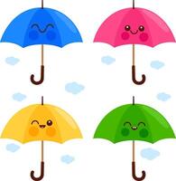 Set of cute and colorful umbrella characters. Rainy weather day colorful cartoon umbrellas. vector