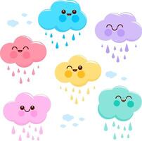 Cute colored cloud characters. Cartoon cloud characters rain in the sky. vector