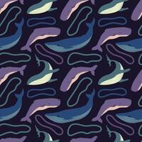 Various whales seamless pattern. Blue whale, sperm whale and abstract elements on a dark background. illustration for fabric, poster, card, background, linen, cover, paper vector