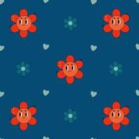 cheerful pattern with smiling flowers and hearts in cartoon style vector