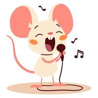 Flat illustration in a simple children's style. Cute mouse sings into microphone, notes vector