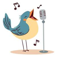 Flat illustration in a simple children's style. Cute bird singing into microphone, notes vector