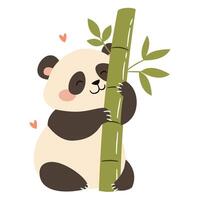 Flat illustration in a simple children's style. Cute panda hugging with bamboo vector