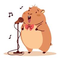 Flat illustration in a simple children's style. Cute hamster singing into microphone, notes vector