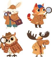 A set of flat illustrations in a simple children's style. Cute animal detectives with camera and magnifying glass, moose, cat, hare and owl vector
