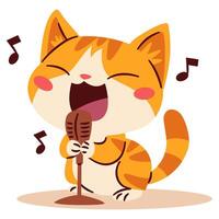 Flat illustration in a simple children's style. Cute ginger kitten singing into microphone, notes vector