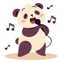 Flat illustration in a simple children's style. Cute panda singing in microphone, notes vector