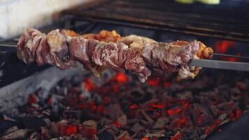 Meat cooking on charcoal. Delicious barbeque on metal skewers. Process of frying juicy meat. Close-up. video