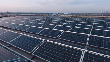 Rows of solar panels at sunlight. Photovoltaic solar cells on the modern electricity farm on flat roof. Renewable source of clean energy from the sun. Drone flight. video