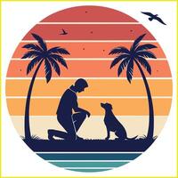 a man kneeling down with his dog in front of palm trees vector