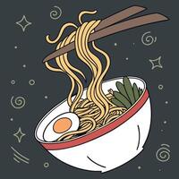 a bowl of noodles with chopsticks and an egg vector