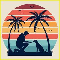 a man and his dog are on the beach with palm trees vector