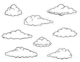 Hand drawn clouds set. Clouds of various shapes in line style. Set of clouds in sketch style. Cartoon design elements vector