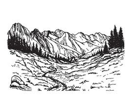 Hand drawn landscape with mountains, trees in the mountains. Mountains landscape sketch. Alpine landscape. Panoramic view of ridges and forest vector