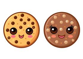 Cute cartoon chocolate cookie character with a funny face. Kawaii chocolate chip cookie character set. Happy cookie mascot vector