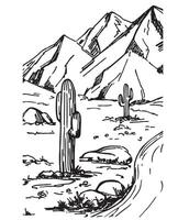 Sketch of the desert of America with cacti. Summer cactus on desert. Prairie landscape vector