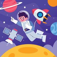 Happy kid astronaut floating in outer space near rocket and planets with colorful background. Space exploration concept vector
