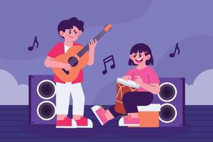 Two kids playing guitar and drum together in a joyful music performance with colorful speaker background. Music activity concept vector