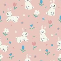 Simple seamless pattern with cute rabbits and flowers in pastel colors. graphics. vector
