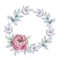 A charming display of a pink peony nestled within a gentle wreath of stylized leaves, exuding tranquility and grace. vector