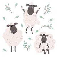 Adorable Sheep and Tree Branches Seamless Pattern with Green Leaves on a White Background for Kids' Fabrics, Stationery, and Nature-Inspired Designs vector