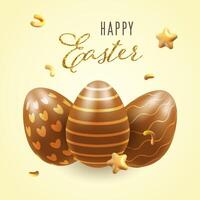 Chocolate easter eggs, banner, realistic 3d square. Stars, confetti illustration on transparent background vector