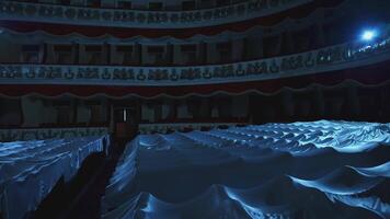 Beautiful empty theater in the evening. Chairs in theatre covered with white material after the performance. Man in empty cinema hall. video