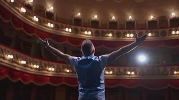 Man performing with gestures on stage. Unrecognizable actor standing on stage in classic theater. Male actor speaks from the scene. Back view. video