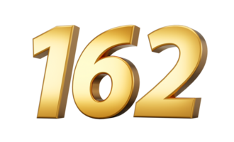 3d number 162 one hundred sixty two Gold text with reflection 3d illustration png