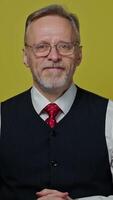 Portrait of smiling mature man in glasses. Happy senior grey-haired man in white shirt and tie looks at camera and talk in studio. Vertical video
