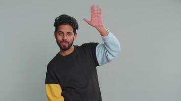 Man showing inviting gesture with hands, ask to join, beckoning to coming, gesturing hello greetings video