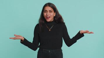 Woman raising hands in indignant expression ask why what reason of failure demonstrating disbelief video