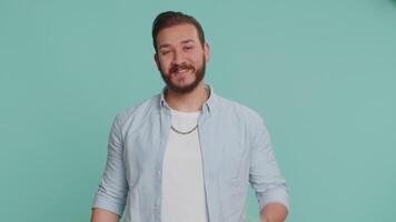 Man showing inviting gesture with hands, ask to join, beckoning to coming, gesturing hello goodbye video