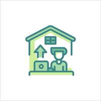 A man sitting at a desk with a laptop and a house in the background vector