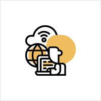 A person sitting at a computer with a cloud icon vector