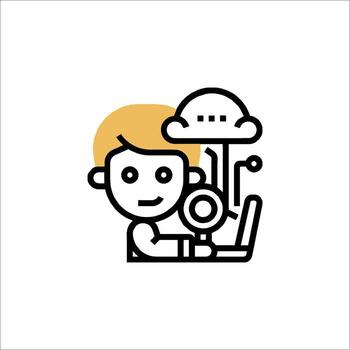 un hombre es trabajando en un computadora con un nube encima él vector