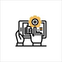 A person holding a tablet with a gear on it vector
