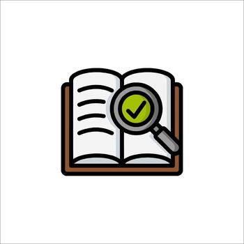 An open book with a magnifying glass and check mark vector