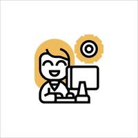 A woman is working on a computer in a line icon vector