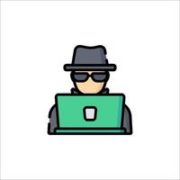 A man in a hat and sunglasses is using a laptop vector
