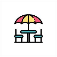 A colorful umbrella and table with chairs under it vector