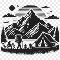 camping and hiking activities in a scenic outdoor setting with trees and mountains vector