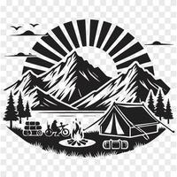 illustration depicting camping and hiking Silhouette in a scenic outdoor setting with trees and mountains vector