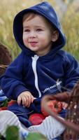Little baby boy in hood rejoicing looking at apples around him. Happy kid smiling adorably sitting on the grass with red fruit surrounding him. Vertical video